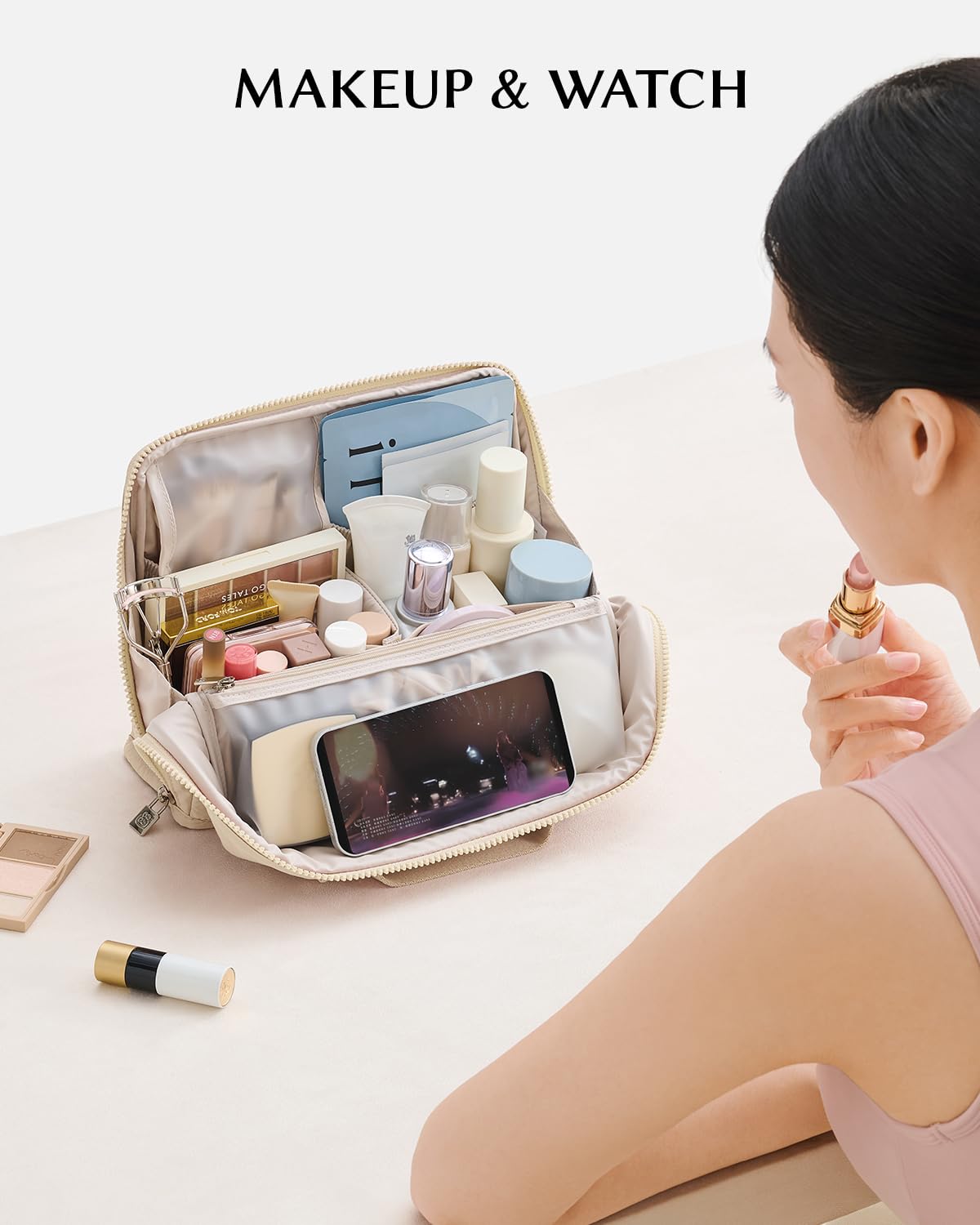 EACHY Standing Makeup Bag - Large Waterproof Cosmetic Bag & Toiletry Bag Organizer with Phone Holder, Detachable Dividers, Wipe-Clean Brush Pouch for Women