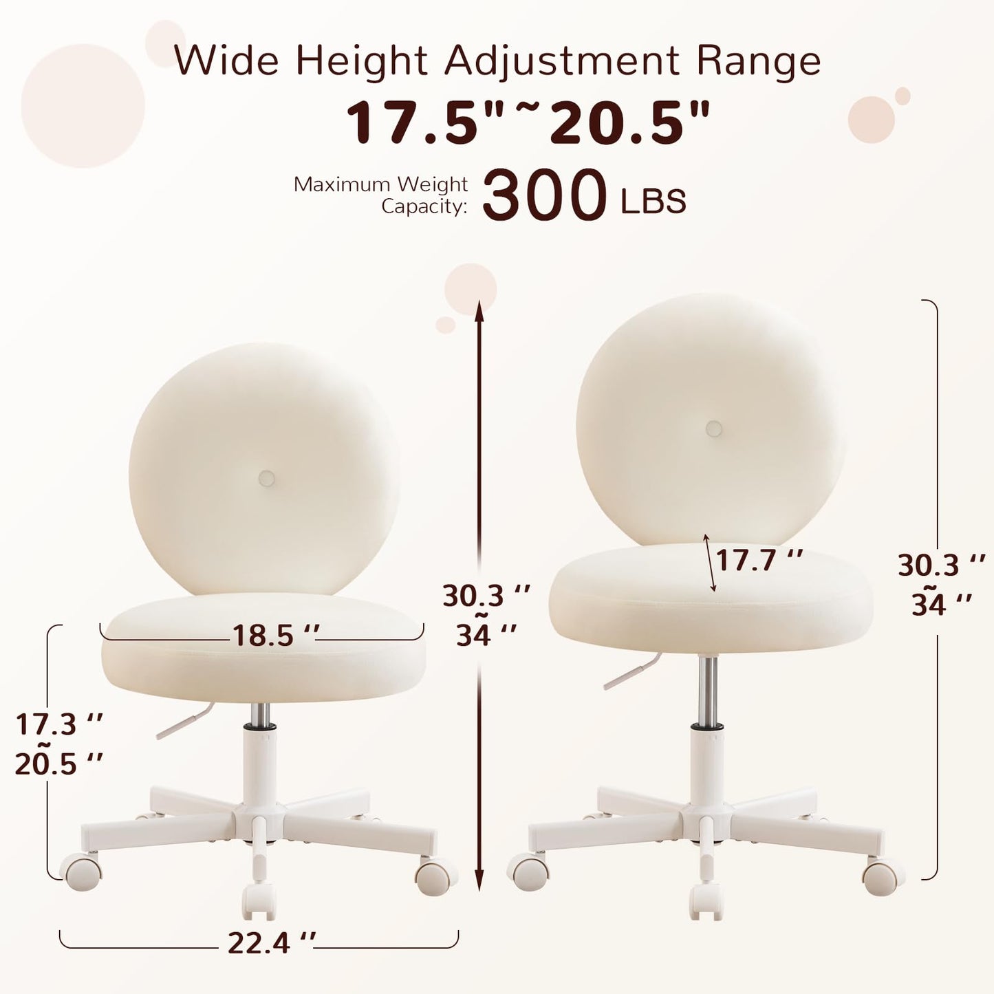 Furniliving Round Velvet Vanity Chair with Wheels, 360° Swivel Armless Desk Chair, Adjustable Height Rolling Makeup Chair for Bedroom Study Room, White