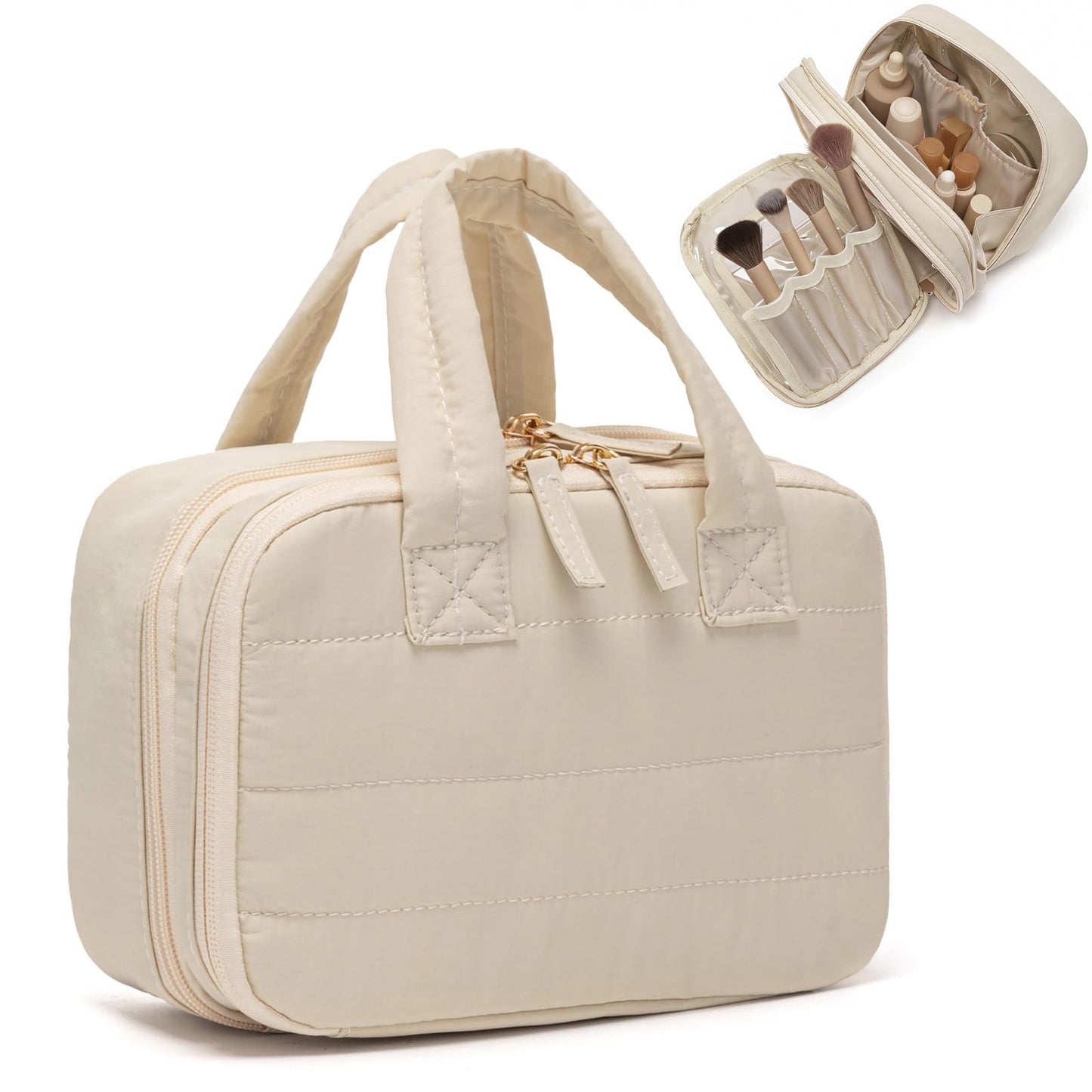 XIAOLER Small Makeup Bag, Travel Cosmetic bag, Toiletry Bag For Women, Make up Bag With Brush Storage, Hanging Toiletry Bag, Puffy Padded Makeup Organizer Case, Wide-open Travel Essentials (Beige)