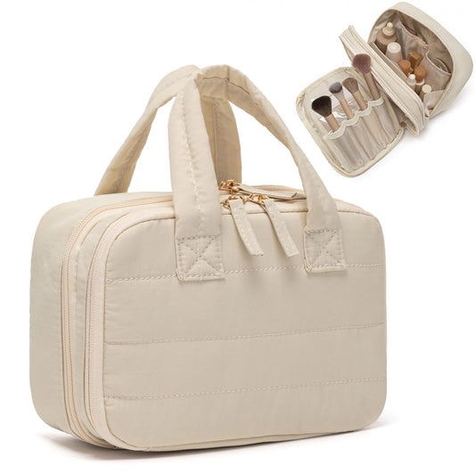 XIAOLER Small Makeup Bag, Travel Cosmetic bag, Toiletry Bag For Women, Make up Bag With Brush Storage, Hanging Toiletry Bag, Puffy Padded Makeup Organizer Case, Wide-open Travel Essentials (Beige)