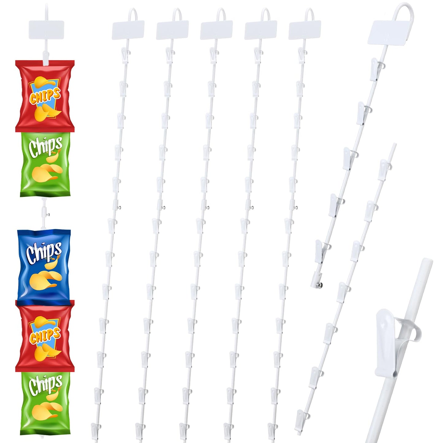 Tandefio 6 Pcs Chip Rack Strips Merchandising with 12 Clips 30.7" Long Metal Hanging Display Strips with Label Header for Chips, Candy Bars, Snacks for Party Concession Store Retail (White)