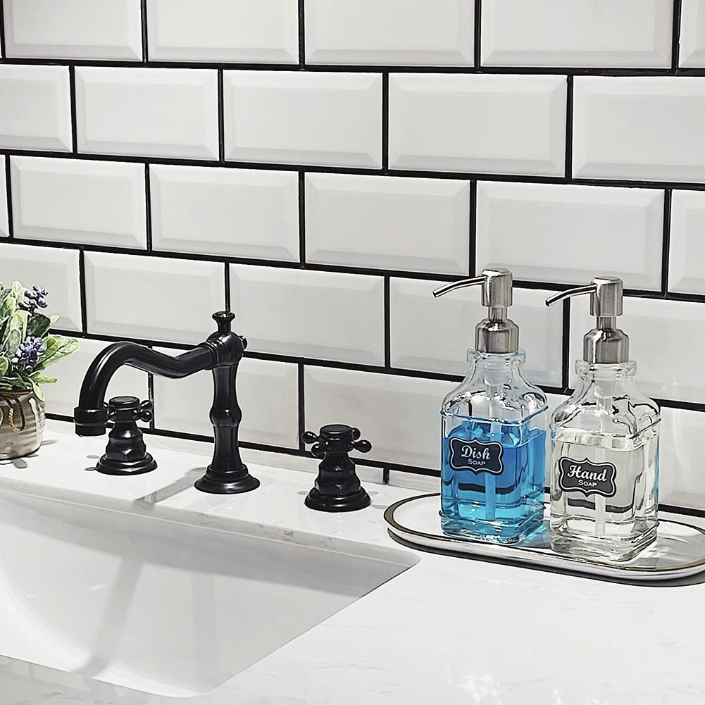 JASAI 2Pack Antique Design Glass Soap Dispenser with Rust Proof 304 Stainless Steel Pump, Refillable Hand Soap Dispenser with 10Pcs Stickers, Premium Soap Dispensers for Kitchen & Bathroom (Clear)