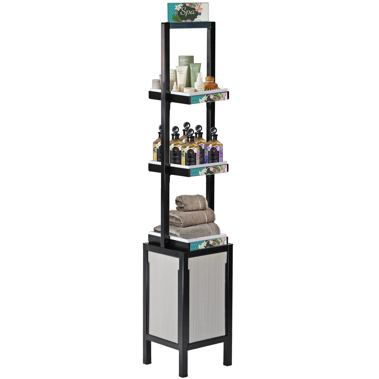Azar Displays, 655000, Retail Display Tower with 3 Tiers, Tall Cosmetic Shelves, Beauty Display Stand for Salon Retail Products with Signage, No Tools Required, 5 Ft Height, Black Steel