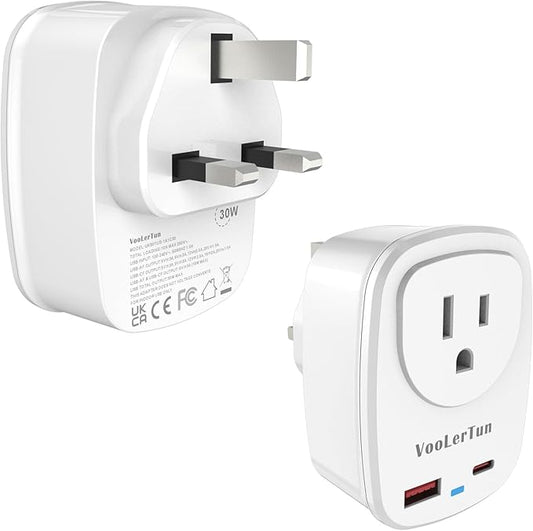 Type G-UK Plug Adapter, VooLerTun Dubai England Travel Adapter with 30W Fast Charge Power Adapter Dual Ports Cell Phone Camera, 1 American Outlet Adapter, US Converter for UK Travel,UK Power Adapter.
