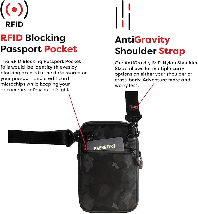 PHOOZY Orion Insulated Tech Bag For Travel - NASA Insulation Protects Your Phone, AirPods and Other Devices. Weatherproof X-Tech Shell with RFID Blocking Pocket for Complete Protection (BLACK CAMO)
