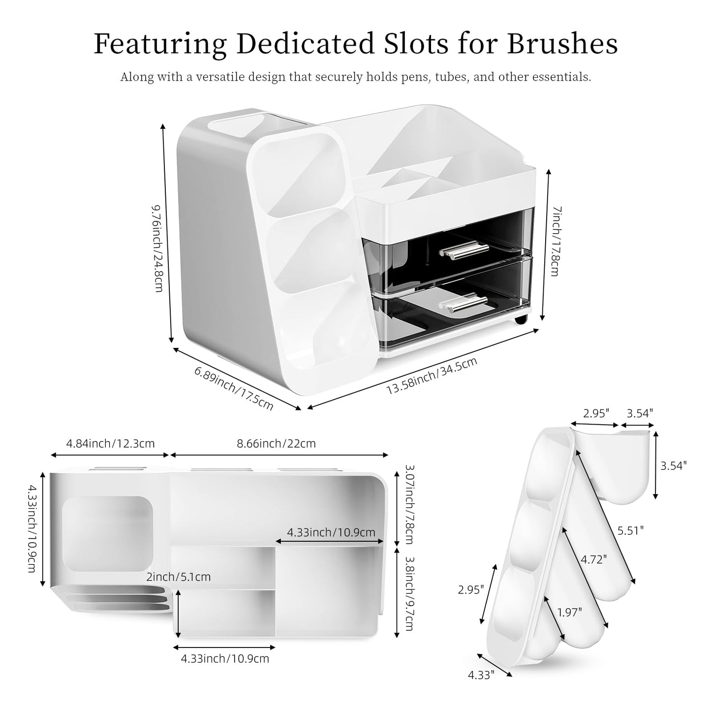 Makeup Organizer with Drawers for Vanity Bathroom Counter Organizers and Storage, Large Skincare Organizer with Brush Toothbrush Holder for Perfume, Nail Polish, Dresser, Office Supplies, White