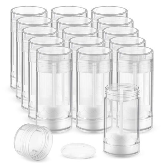 DMuuuDM 15 Pack 1 oz/30ml Plastic Travel Size Deodorant Container,Empty Round Twist-Up Stick Tube for Homemade Deodorant,Solid Lotion Bars,Body Balm,Soap Sticks,Sunscreen-UPSIDE DOWN FILLING (Clear)