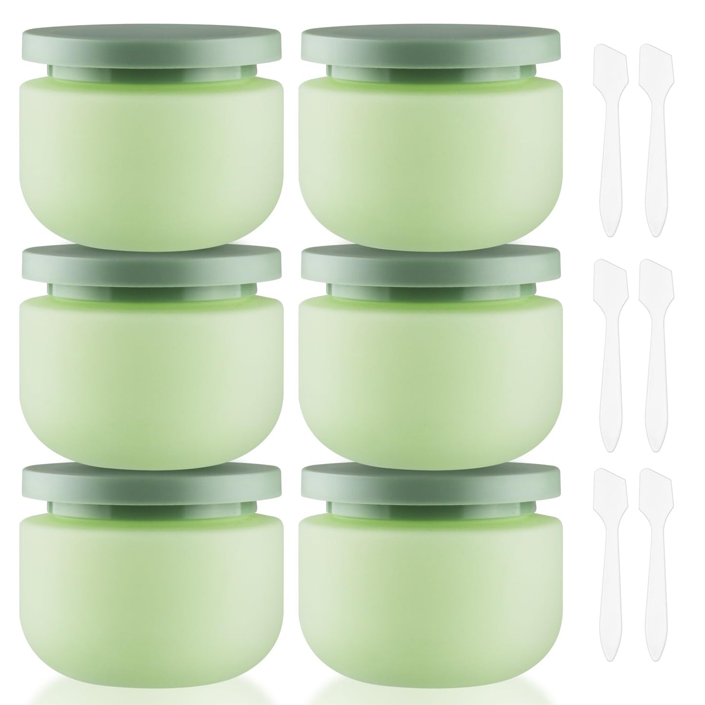 DynnnDy 6 Pcs 250ml/8oz Matte Green Plastic Cream Jars with 6 Spatulas Empty Refillable Facial Scrub Bottles Travel Size Cosmetic Containers for Powders Lotion Pills Jewelry Toiletries