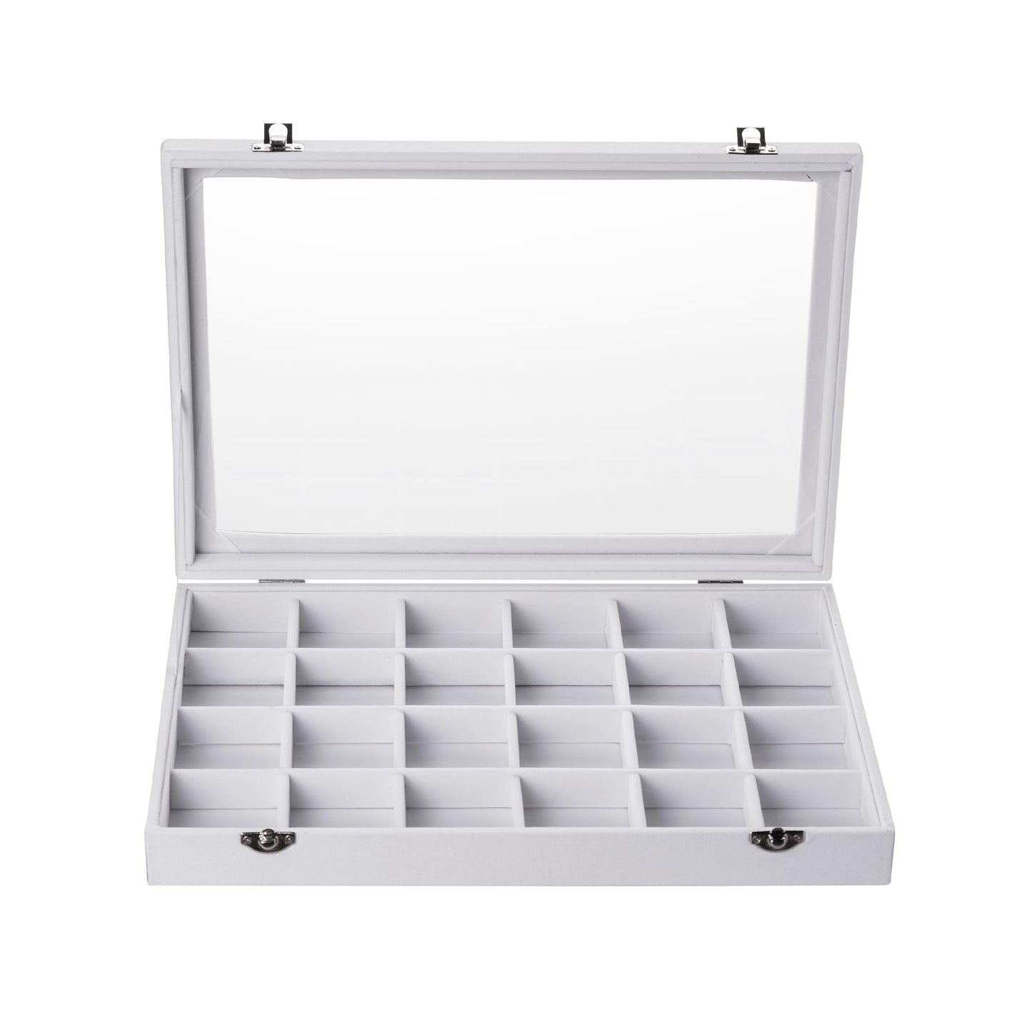 Frebeauty Velvet Jewelry Tray,24 Grid Jewelry Organizer with Clear Lid,Earring Holder Organizer with Clasp,Drawer Insert Rings Pendants Brooches,13.8 x 9.5 x 2 Inches,Gift for Women Girls(White)