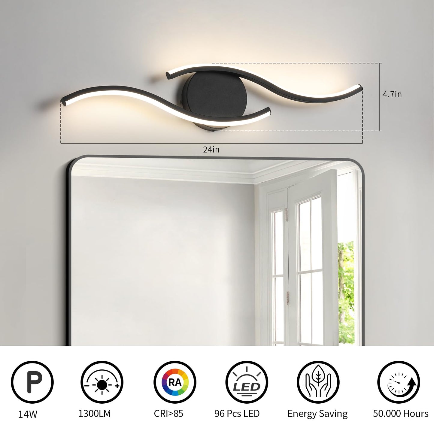 Black Bathroom Light Fixtures Over Mirror, 24 Inch Modern Bathroom Vanity Light Bar 96 LED Beads, 1300LM Brightness 5 Color, Vanity Lighting Fixture for Bathroom, Led Bathroom Sconces, UL & FCC Cert.