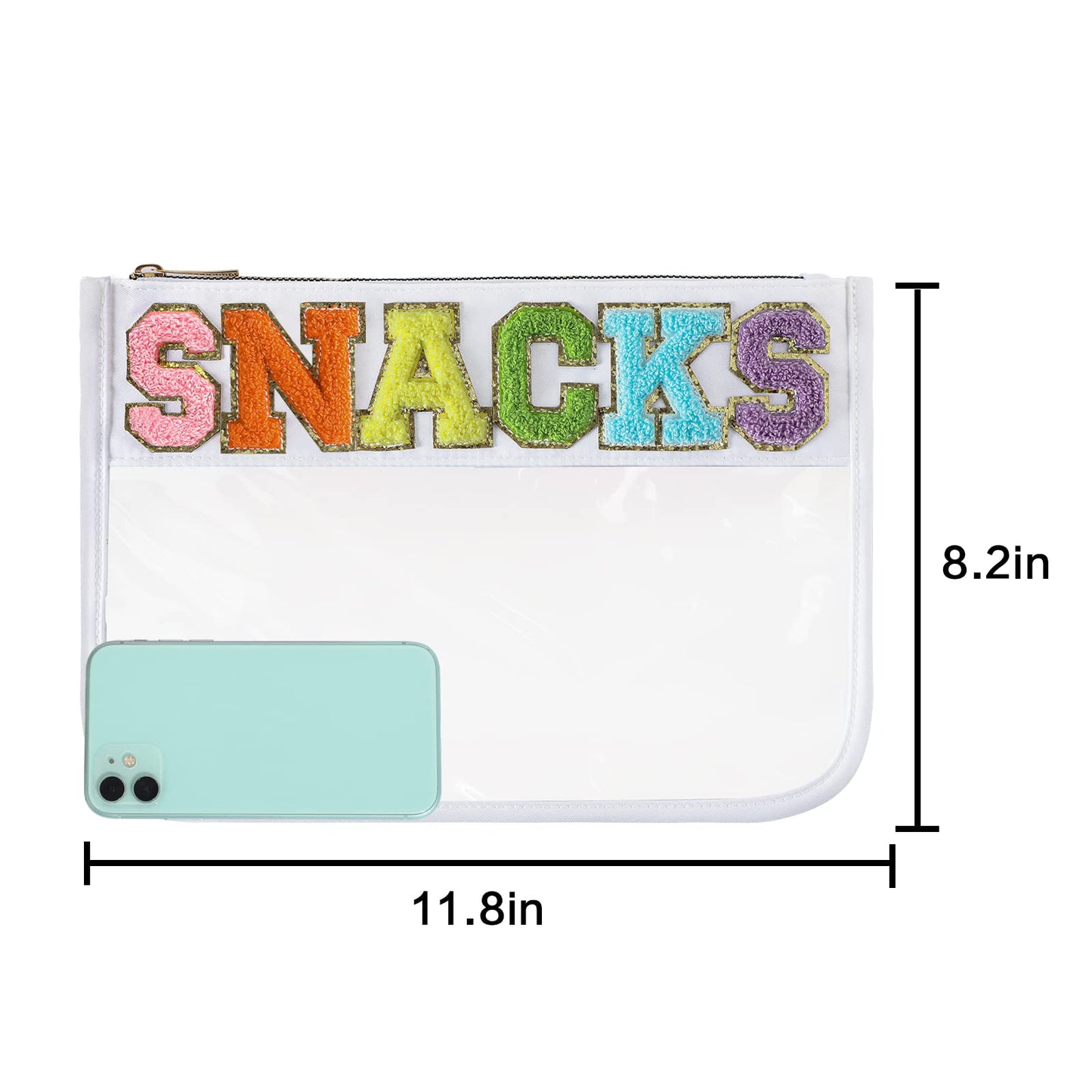 DYSHAYEN Chenille Letter Clear Zipper Pouch for Travel,Nylon Clear Cosmetic Bag,Makeup Travel Bag for Women Girls 11.8 Inches x 8.2 Inches (White-Snacks)