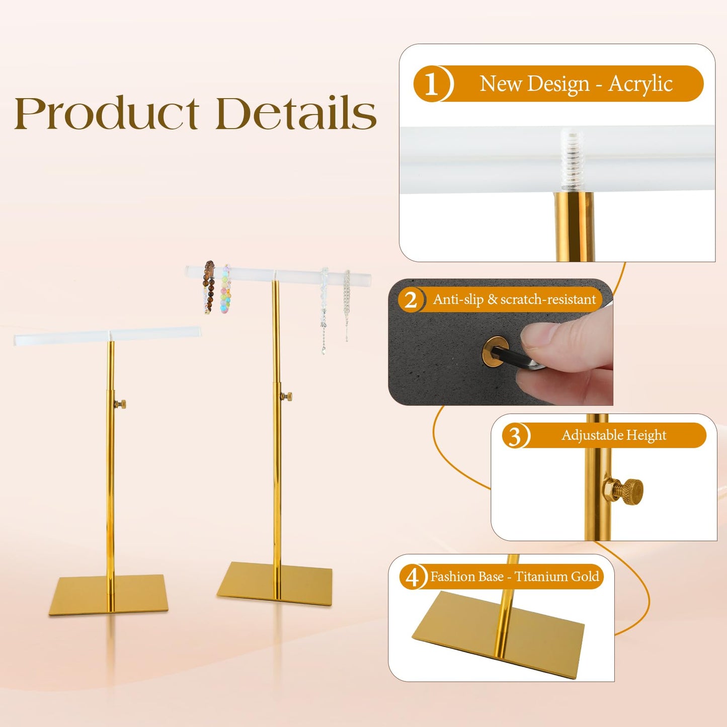 CHAWTALION Jewelry Display Stand, 2PCS T Bar Purse Handbag Holder Adjustable Height Stainless Steel 13.3~21.2 Inches Showcase Rack for Retail Boutique or Home Closet