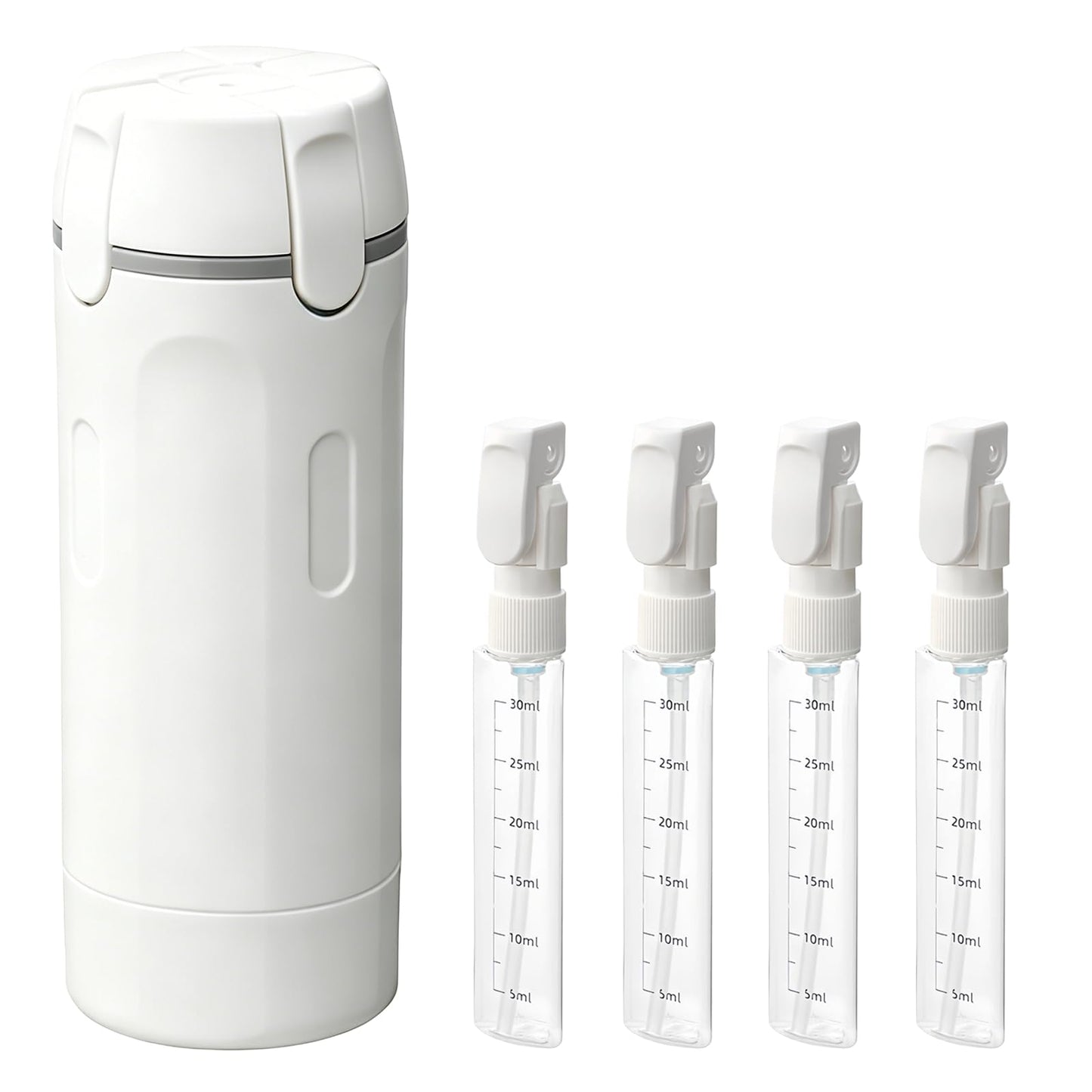 4 in 1 Travel Dispenser Bottle with Pump for Vacation & Business Trip, Leakproof & Easy Clean Travel Bottle and Toiletries Containers with Scale and Labels for Shampoo, Conditioner, Lotion & Skincare