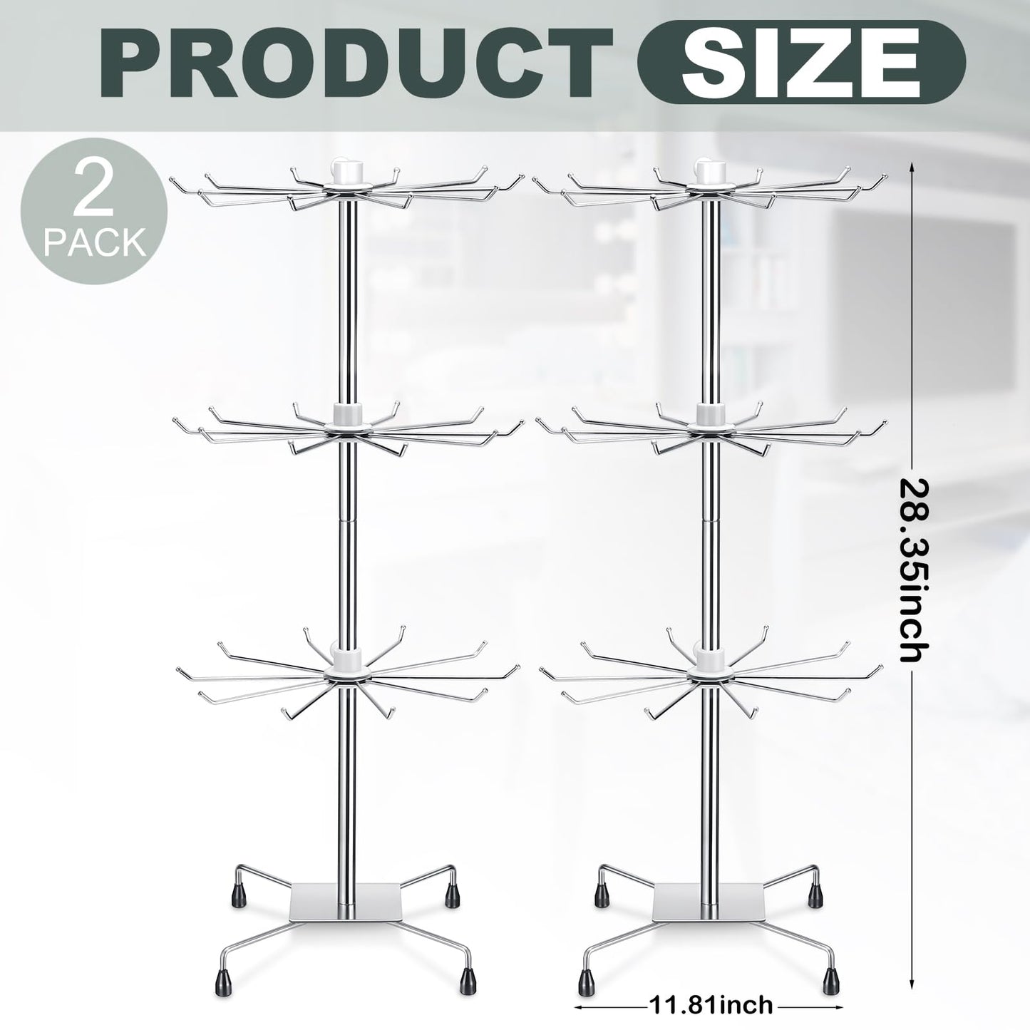 BBTO 2 Pcs Rotating Display Stand Jewelry Display Rack with Hooks Metal Earrings Stand for Vendors Necklace Bracelet Selling(Silver,28.35 x 11.81 Inch)
