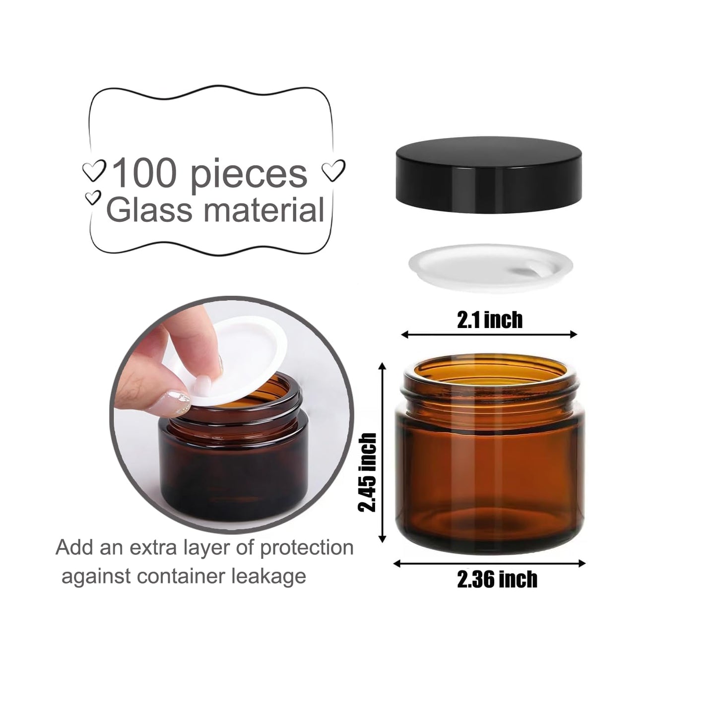 100 Pack 2 oz Glass Jars with Lids Bulk, Small Amber Glass Containers with Airtight Black Lid, Empty Cosmetic Jars Travel Size for Sample, Lip Balm, Candle, Cream, Ointments, Scrubs, Powders