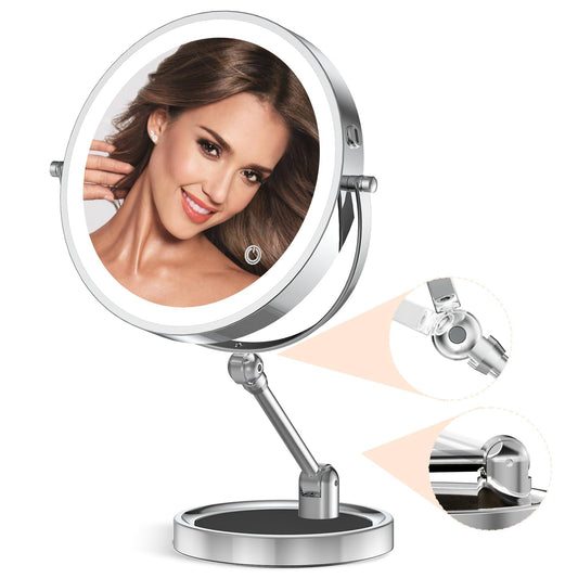Rocollos Tabletop Makeup Mirror with Built-in Vanity Tray, 9" Rechargeable 4000mAh Lighted Vanity Mirror 1X/10X Magnification, Height-Adjustable Arm, 3 Color Dimmable (9Inch Chrome)