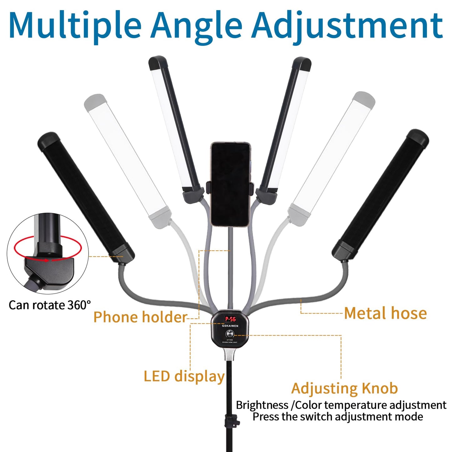GSKAIWEN 50W Dimmable LED Video Light with Tripod Bag Photography Lighting Kit for Makeup Artist, Lash Lamp,Beauty Light Eyebrow Tattoo Lamp Studio Video Photographic, Double Arm Light