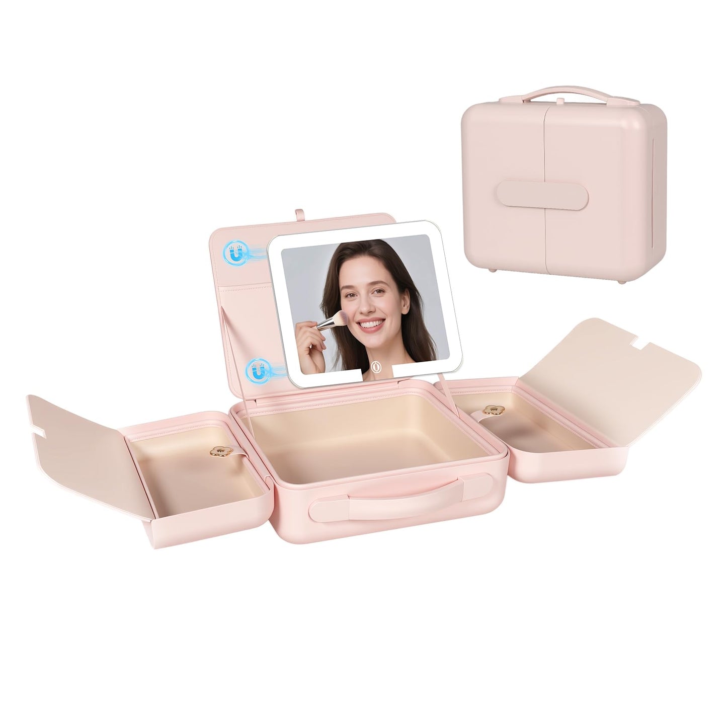 BEAUTY CASE Makeup Case with LED Light & Magnetic Mirror, 12 Inch Portable Travel Cosmetic Organizer Bag with 3 Partitions, Rechargeable, Large Capacity, Bright Lighting, Gift for Women Girls, Pink