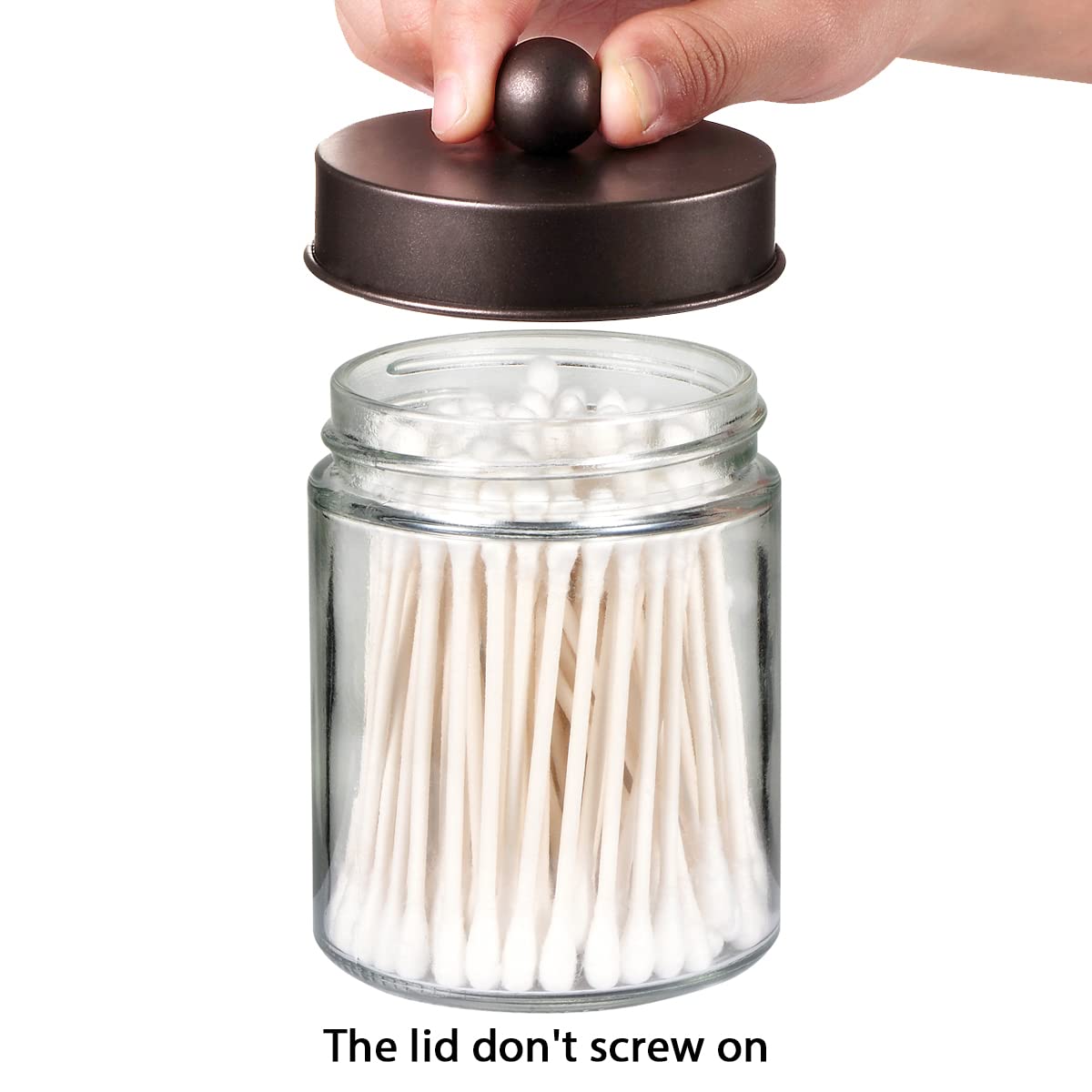 Amolliar 4 Pc Glass Apothecary Jars - Countertop Qtip Dispenser Holder with Stainless Steel Lids&Cute Stickers -Bathroom Vanity Storage Organizer Set for Qtips,Cotton Swabs/Rounds (Bronze)