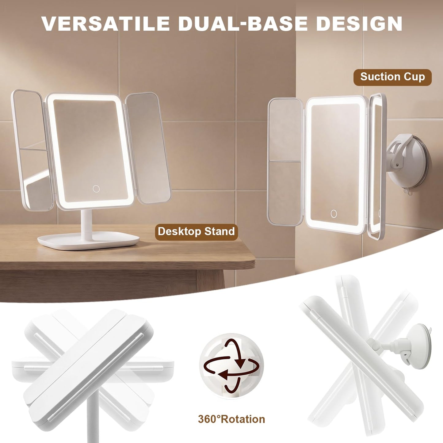 Hoxutym Makeup Mirror with Lights, 3000mAh 3X/2X/1X Magnification Vanity Mirror with Suction&Stand Base, 360° Adjustment Rechargeable Trifold Mirror for Travel/Bedroom/Dorm, Gifts for Women, Girls