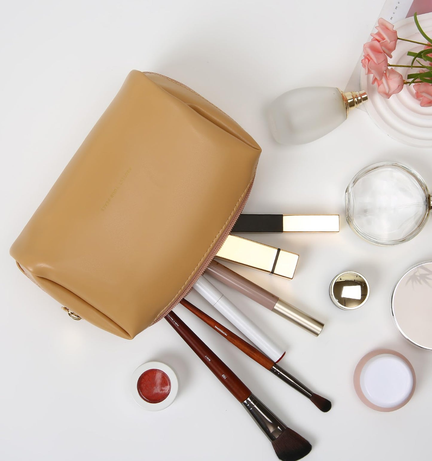 Aveniee Small Travel Makeup Bag, Vegan Leather Pouches for Purse, Cosmetic Case for Women, Toiletry Organizer for Travel Car Accessories with Divider & Zippers - Camel