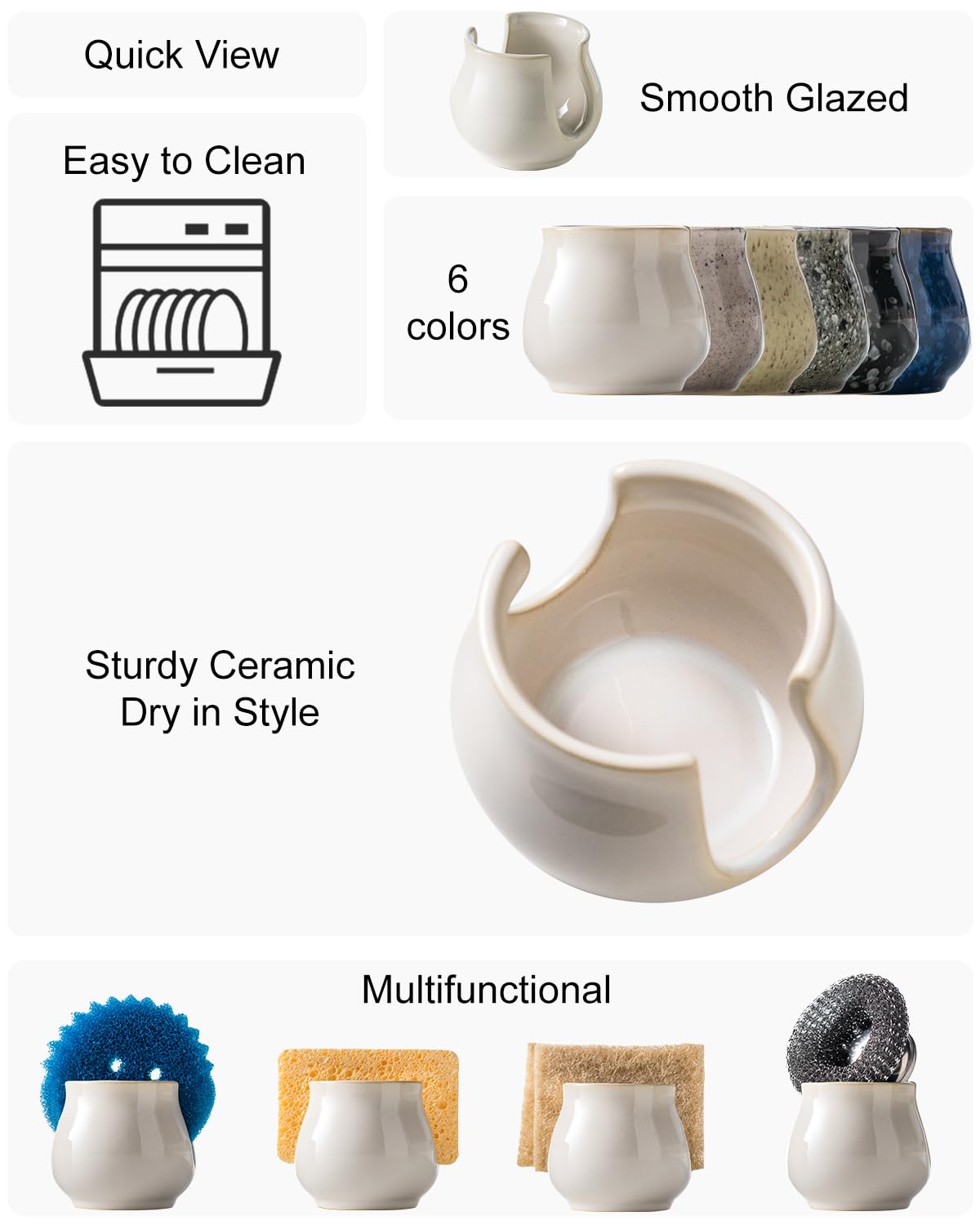 Zoeeker Sponge Holder for Kitchen Sink Counter, Ceramic Dish Sponge Caddy White Sink Organizer Dish Rack Farmhouse Brush Holder for Bathroom, Kitchen, White