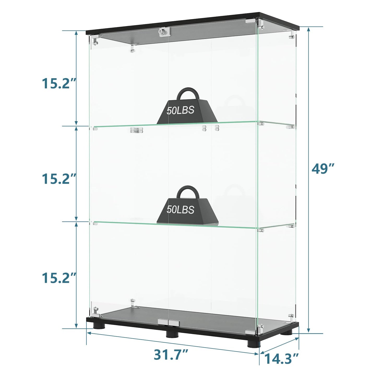 MODCART Glass Display Cabinet with 3-Shelf Double Doors and Lock, Curio Cabinet 5mm Tempered Glass Floor Standing Bookshelf for Living Room, Bedroom, Office, 49 x 31.77 x 14.37 in, Black