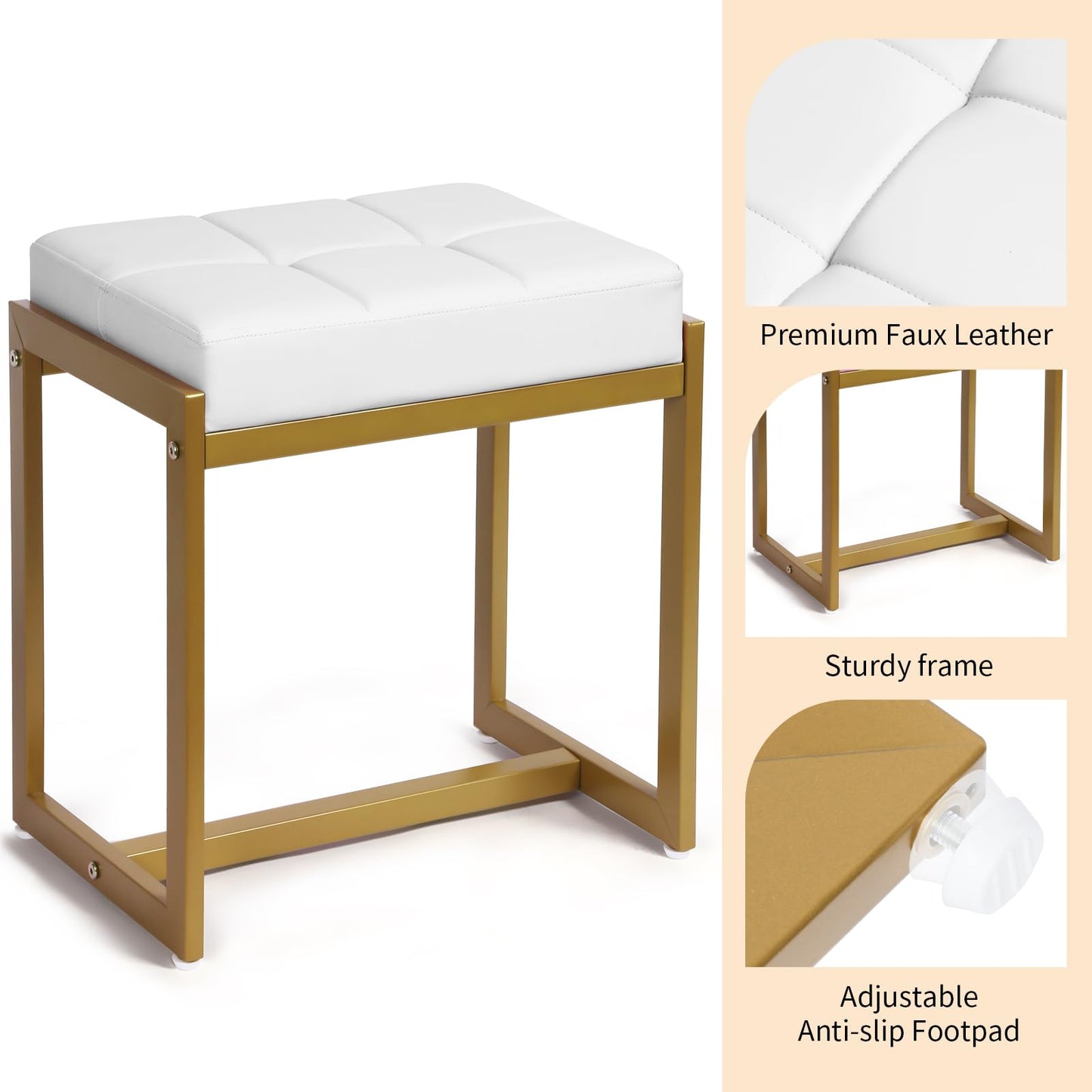 FLYZC Vanity Stool, Vanity Chair Stools for Makeup Room, Faux Leather Small Makeup Bench, Modern Gold Metal Legs Ottoman Foot Rest for Bedroom Living Room, White & Gold