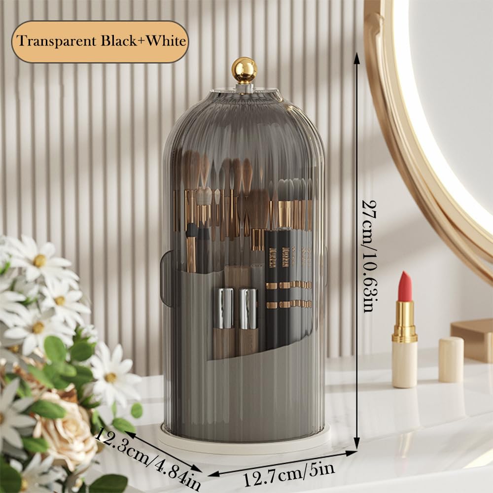 Haiansan Makeup Brush Holder Organizer with Lid, 360° Rotating Clear Dustproof Cosmetics Storage, Makeup Brushes Cup Pen Holder for Vanity Desktop Bathroom Countertop (Clear Black Cap)