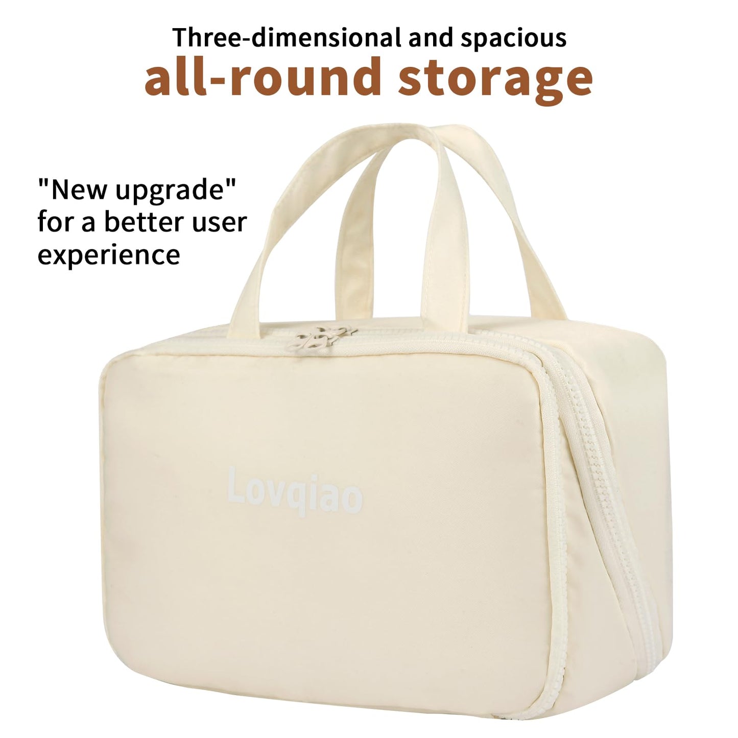 Lovqiao Large Beige Makeup Bag, Waterproof Travel Organizer for Women & Girls
