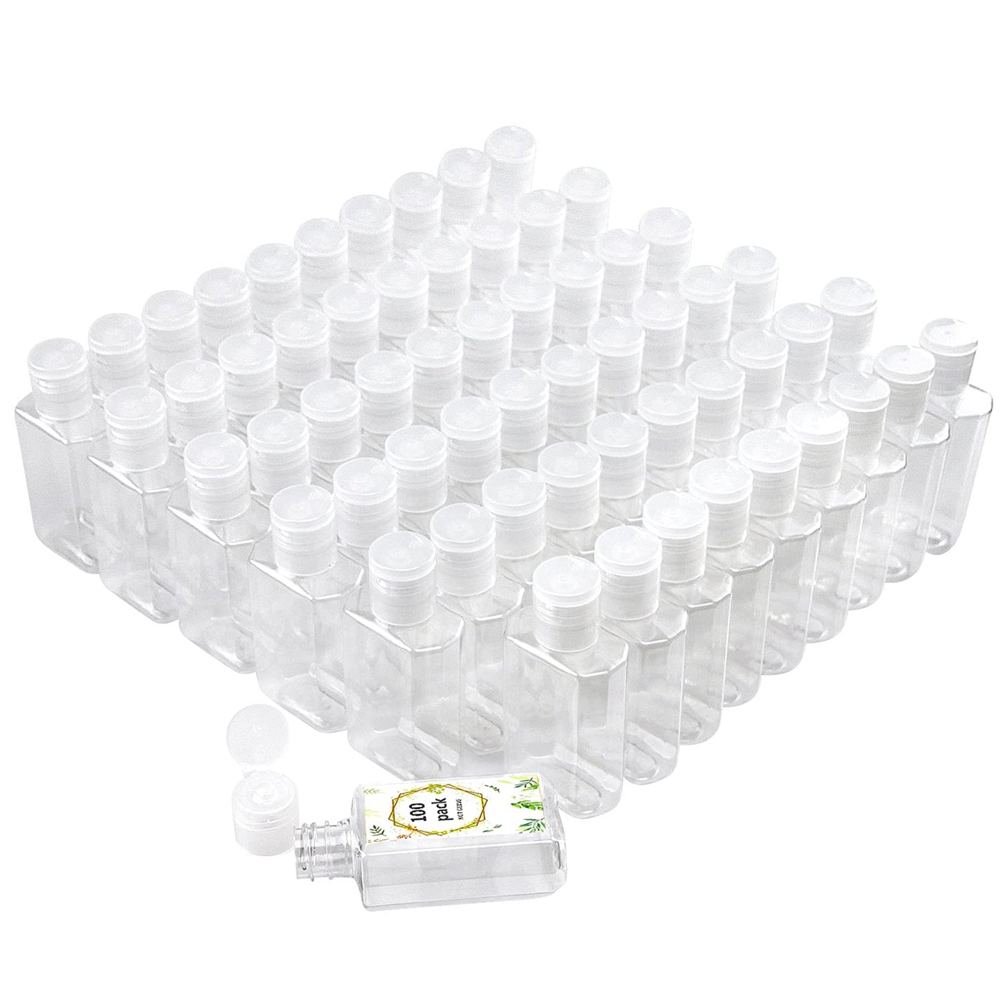 FOOCHY 2oz Empty Hand Sanitizer Travel Size Bottles, Refillable Clear Plastic Containers with Flip Cap for Shampoo, Lotion, Cream, Baby Shower, Tolitery (100 Pack)