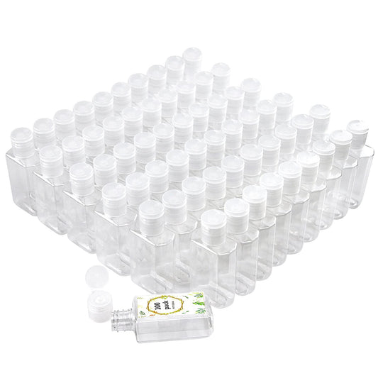 FOOCHY 2oz Empty Hand Sanitizer Travel Size Bottles, Refillable Clear Plastic Containers with Flip Cap for Shampoo, Lotion, Cream, Baby Shower, Tolitery (100 Pack)