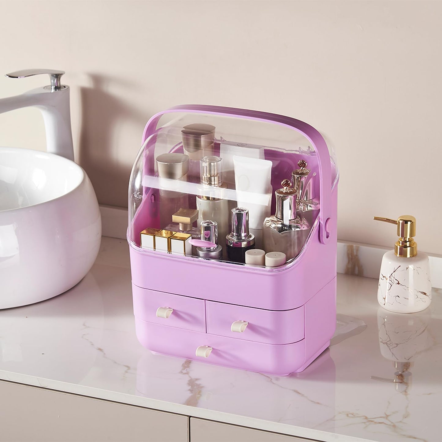Large Makeup Organizer w Drawers Beauty Organizer Makeup Box Holder Vanity Organization Desk Countertop MakeUp Organizers Bathroom Counter Organizer Skincare Cosmetic Case Stand Dustproof Lid Gift