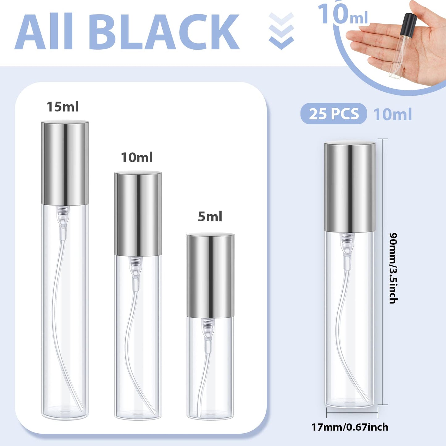 Yinder 25 Pcs 10ml Travel Spray Bottle Refillable Perfume Atomizer Bulk Glass Mini Cologne Perfume Bottles Empty Fine Mist Portable Small Sample Containers(Silver)