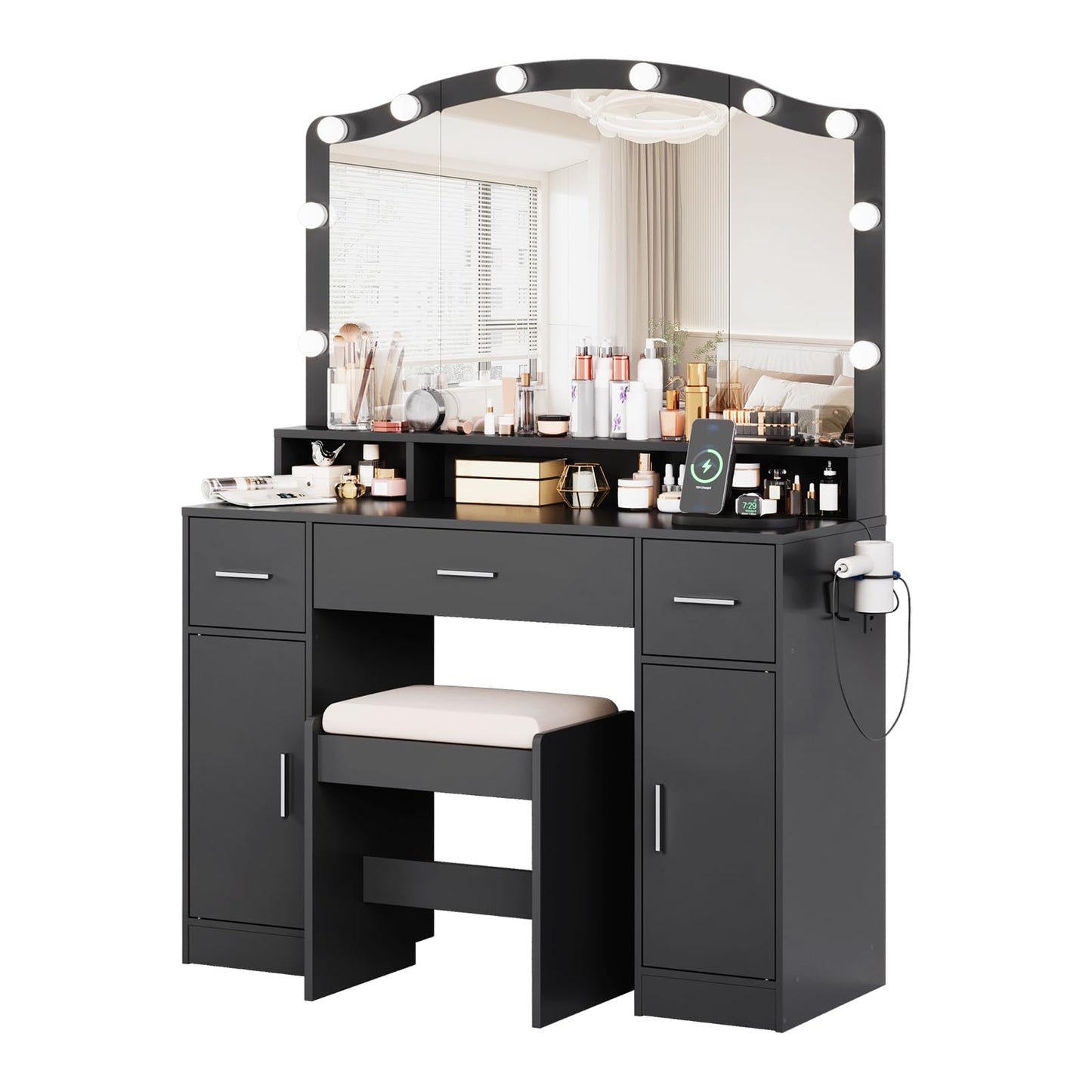 GarveeLife LED Lighted Vanity Desk for Girls & Women – Makeup Table with 10 Lighting Mirror, Charging Station, 3 Drawers, 2 Cabinets, Cushioned Stool – Bedroom Play Makeup Set – Color: Black