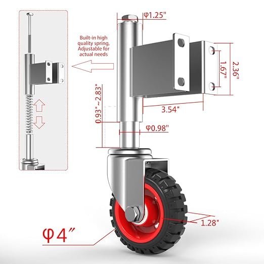 Spring Loaded Gate Casters 4” Rubber Tire Heavy Duty Gate Caster Wheels with Hardware for Wooden Gates, Metal Gates, Fence Gates, Swing Gates, 330 Lbs Load Capacity