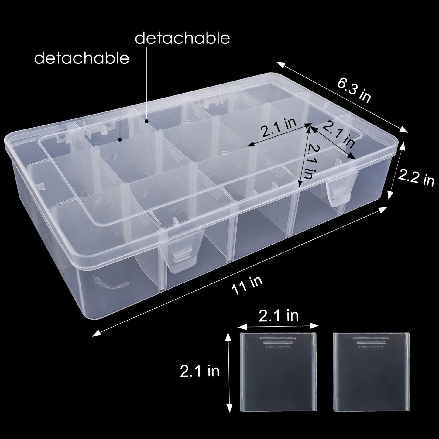 Exptolii 15 Large Grids Plastic Organizer Box with Dividers, 2 Pack Clear Compartment Container Storage for Washi Tapes Beads Crafts Jewelry Fishing Tackles, Size 11 x 6.3 x 2.2 in