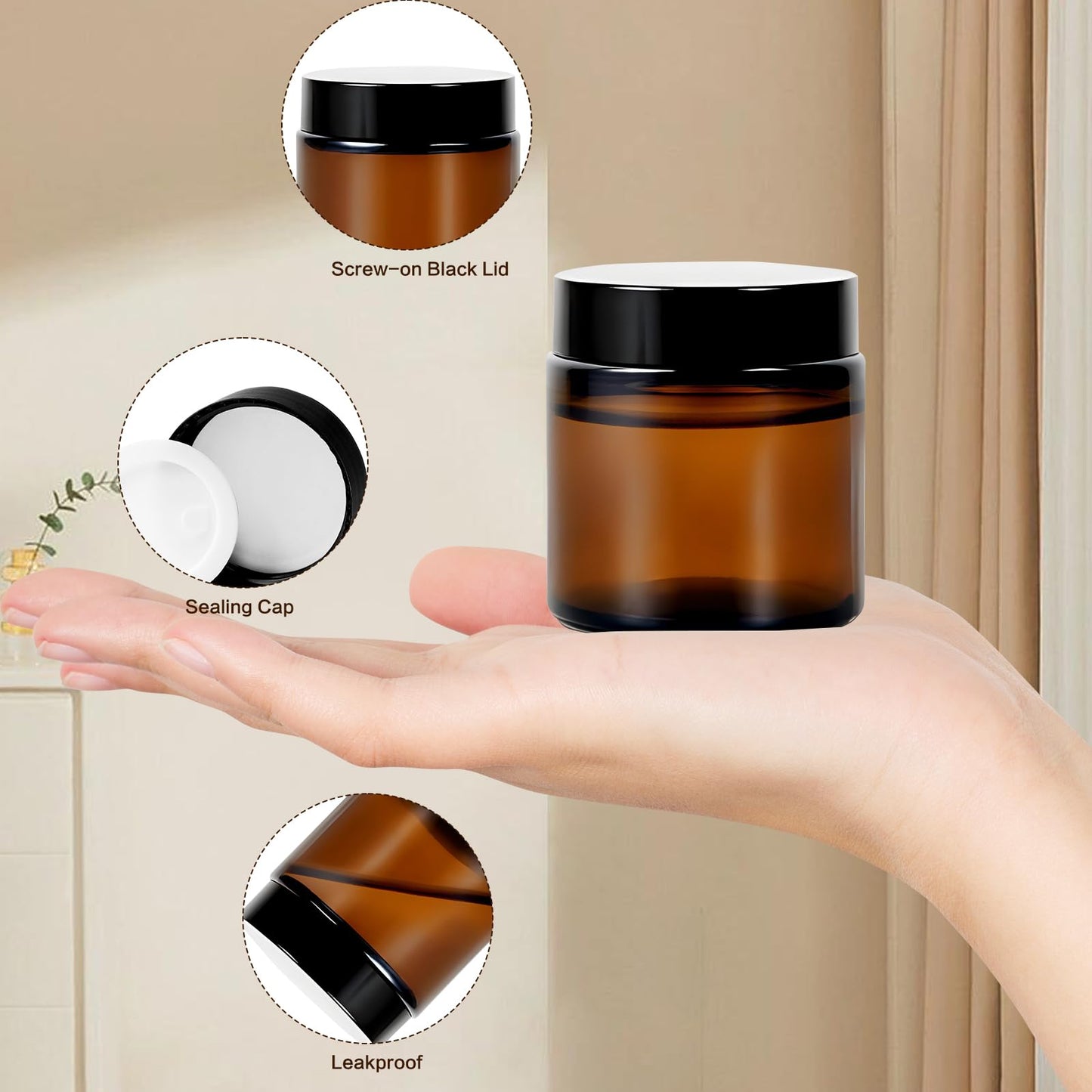 Nexboraque 30 Pack 4oz Small Glass Jars with Black Lids, Round Amber Cosmetic Container with Inner Liners for Lotion, Cream, Ointments, Makeup, Eye shadow, Rhinestone, Samples, Pot, Travel Storage