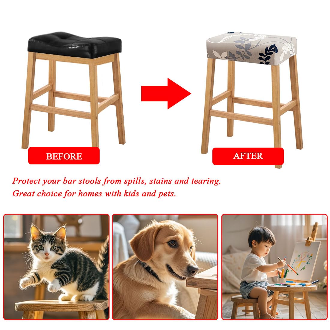 Lussenwert Stool Covers Rectangular Set of 4, Stretch Printed Vanity Stool Covers Washable Saddle Bar Stool Slipcover Bench Seat Protector with Elastic Bands Pattern of 16