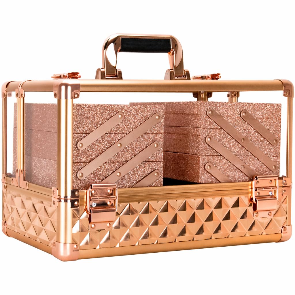 Ver Beauty Rose Gold Diamond Makeup Train Case with 6 Accordion Trays Lockable Cosmetic Organizer with Spacious Interior & Clear Acrylic Top