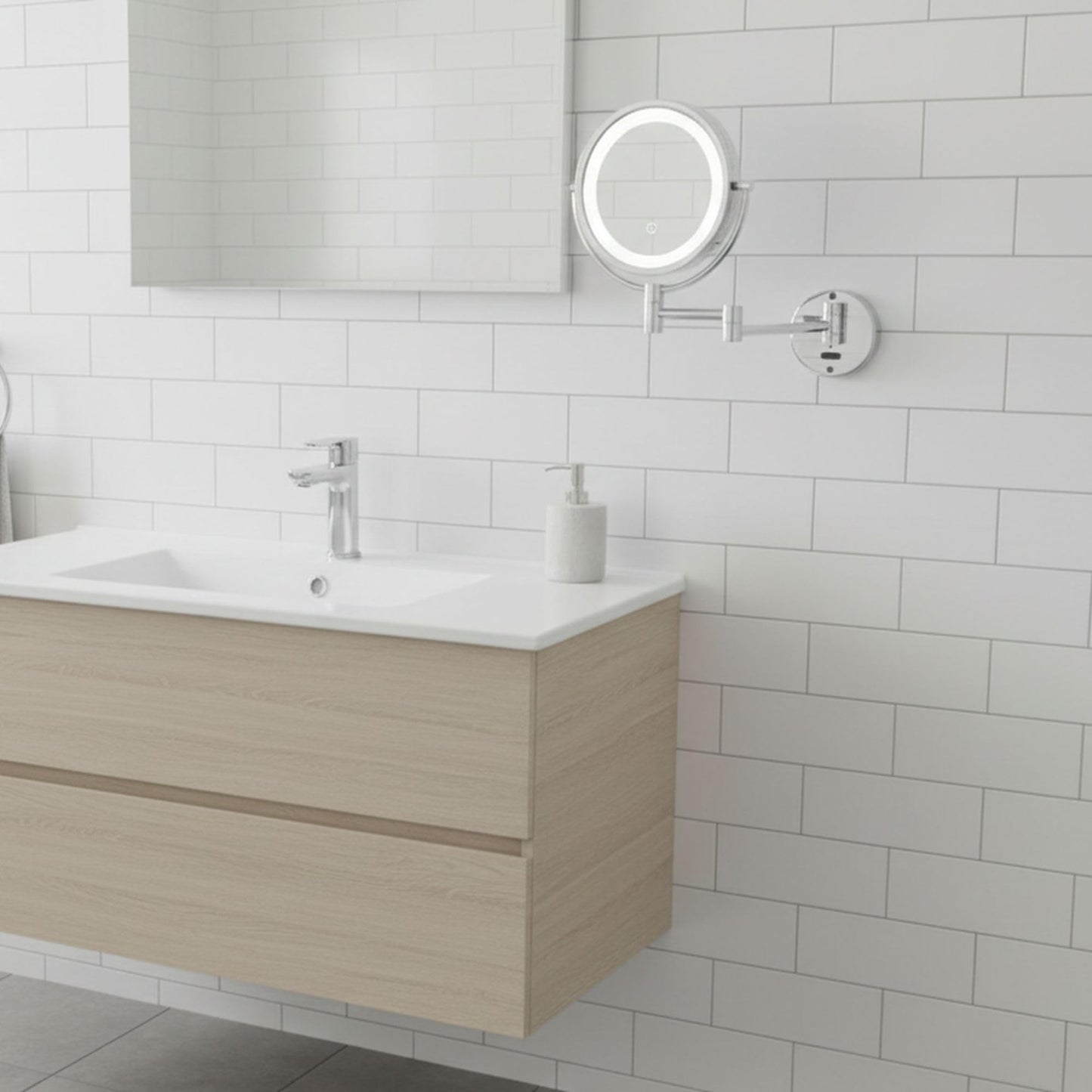JERDON Sharper Image Wall-Mounted Lighted Motion Sensor Makeup Mirror - 8X-1X Magnification - 8.5-Inch Diameter Mirror Extends 14” - Chrome Finish - Comes with 8’ Charging Cord - Model JRT9500CL