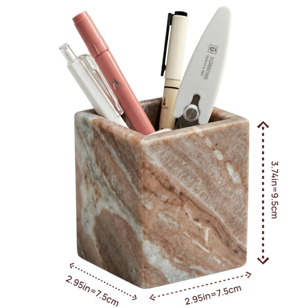 KEBTN Natural Marble Pen Holder, 2.95” x 3.74” Square Desk Organizer, Marble Toothbrush Holder, Makeup Brush Holder, Decorative Storage Cup for Office Vanity Bathroom Kitchen Countertop, Brown