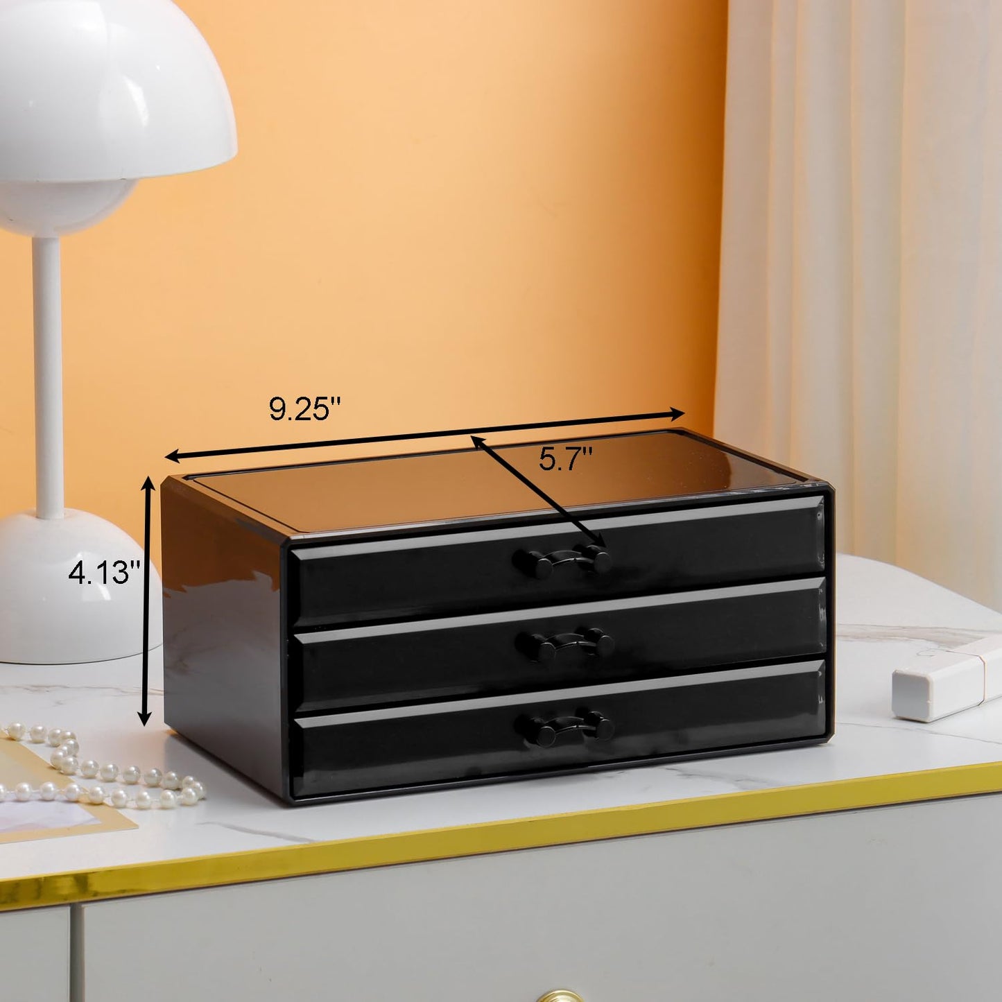 YUFONG Necklace Holder Organizer, Dustproof Necklace Box Velvet Necklace Organizer Box with Lid Clear Acrylic Dustproof Stackable Jewelry Displays for Necklaces Chain Display (Black Beige, 3 Drawer)