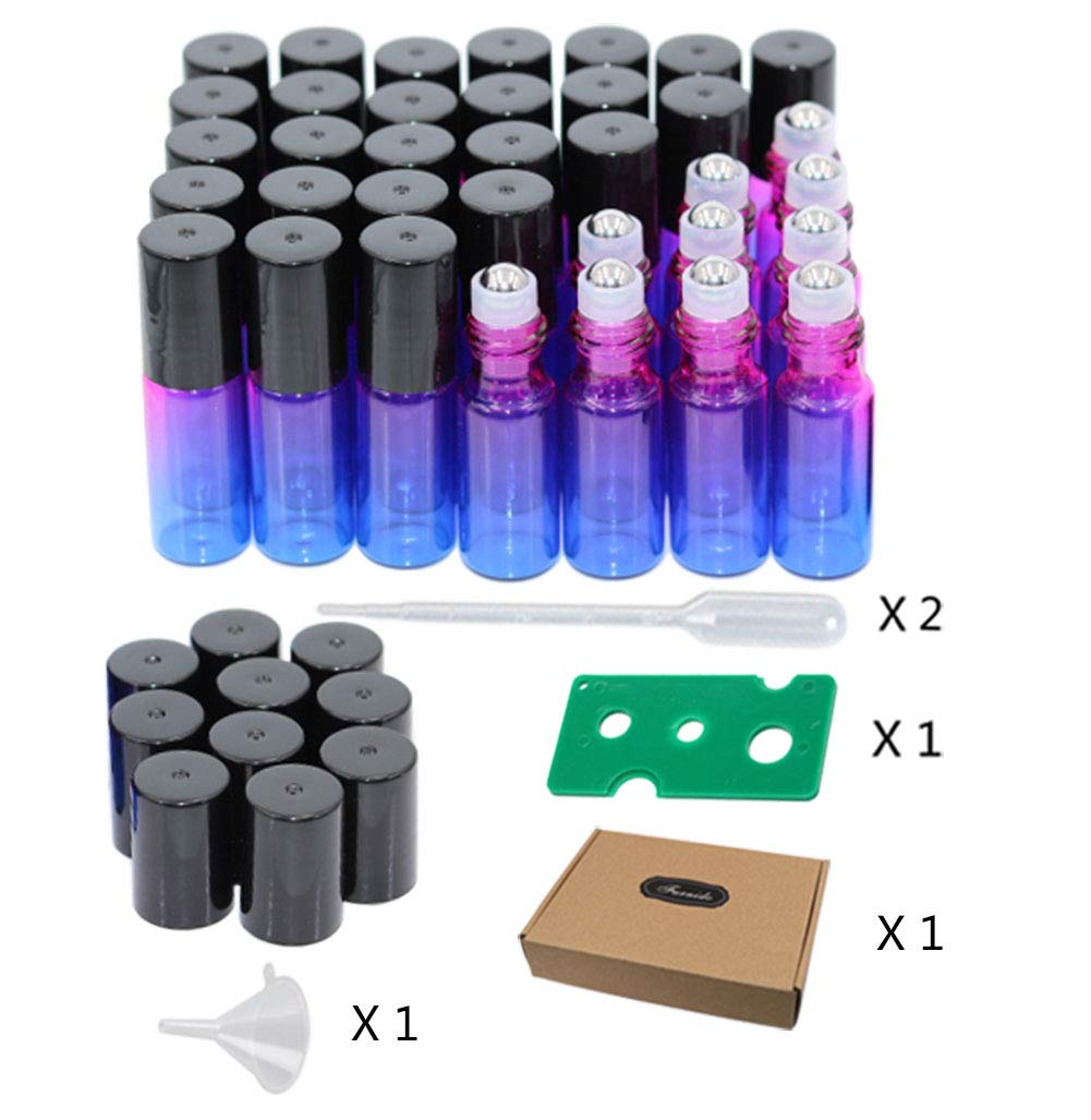 Pack of 35,5ml Rose-Blue Gradient Color Roller Bottles for Essential Oils, Glass Bottles With Stainless Steel Roller Ball For Sample Roll On, Travel DIY Cosmetic Container-Funnel Opener Pipette