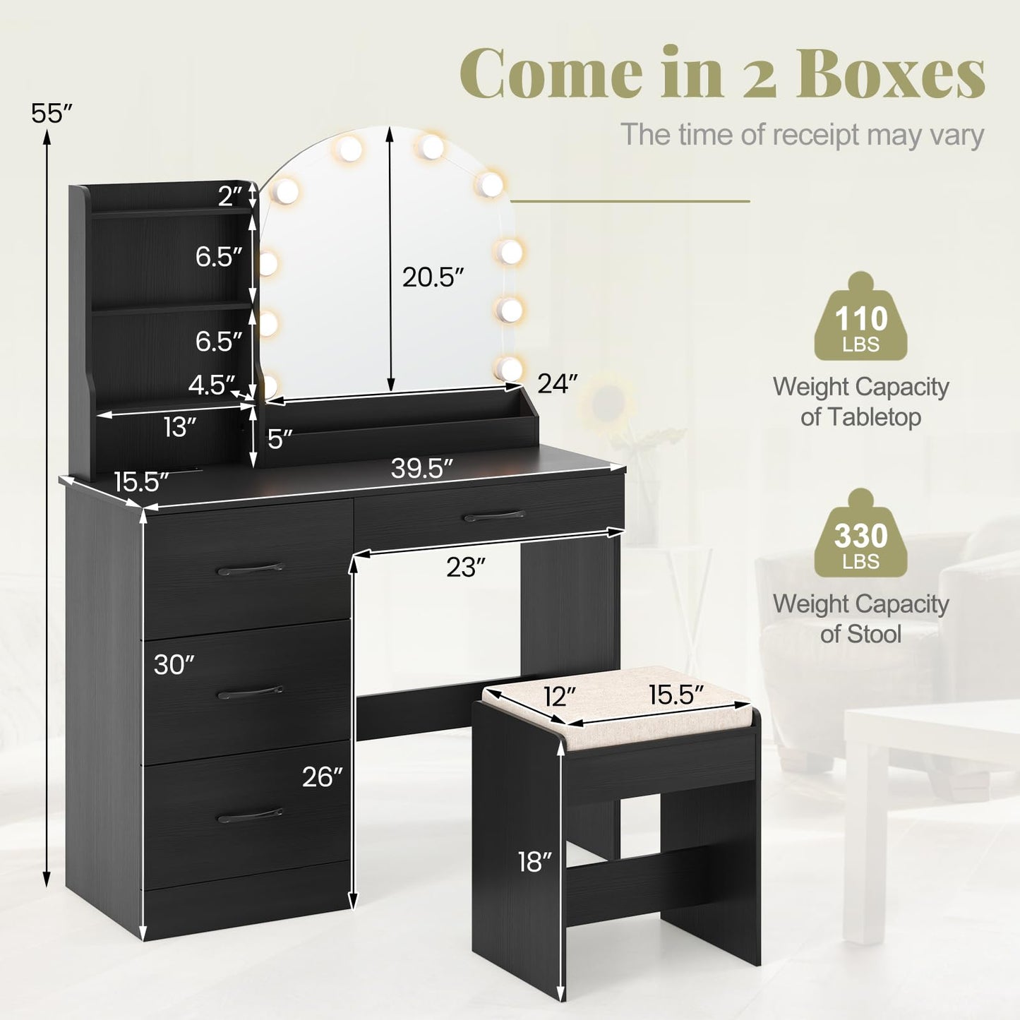 CHARMAID Vanity Desk with Mirror and Lights, Black Makeup Vanity Desk with 4 Drawers, Storage Shelves, Charging Station, 3 Lighting Modes, 40 inch Large Vanity Dressing Table with Stool for Bedroom