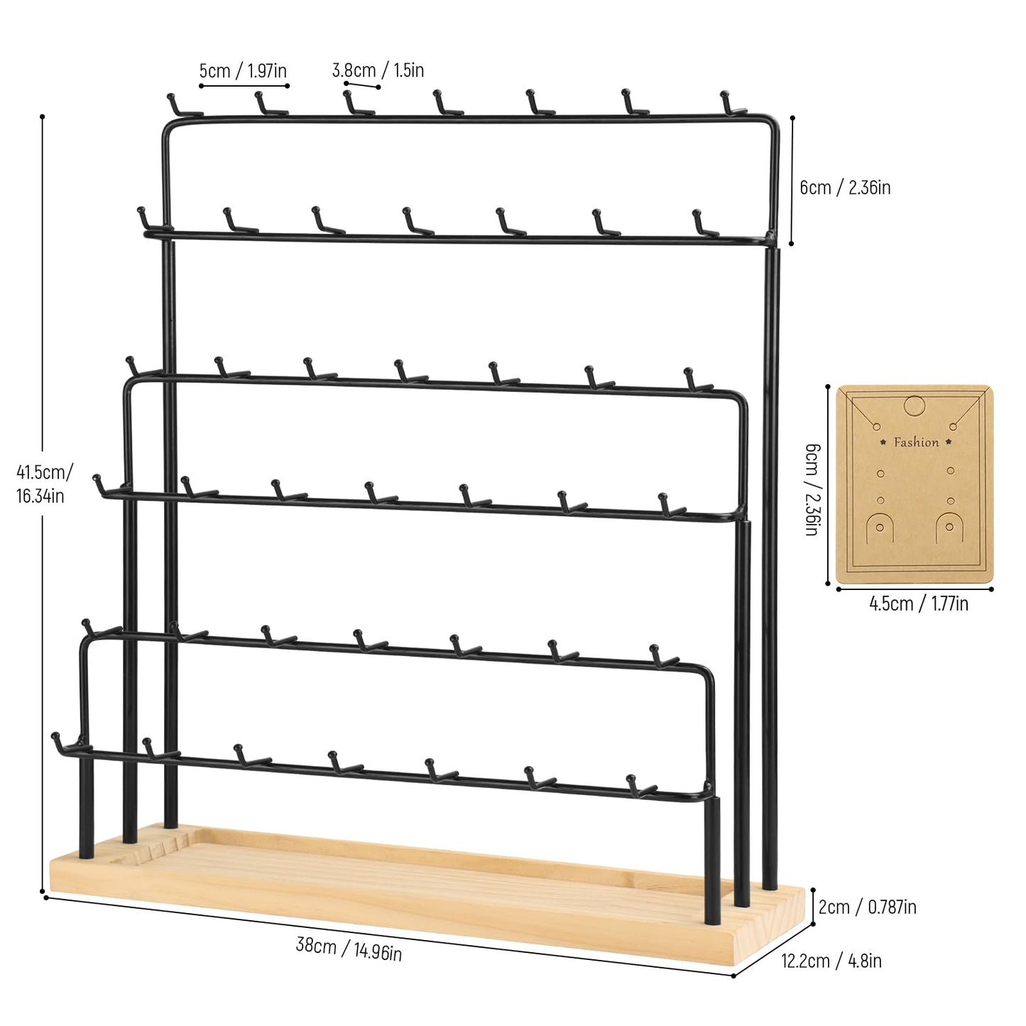 RNTBWD Earring Display for Vendors 6 Tier 42 Hooks Wood Earring Display Rack Holder for Earings Necklaces Rings Bracelets Keychains