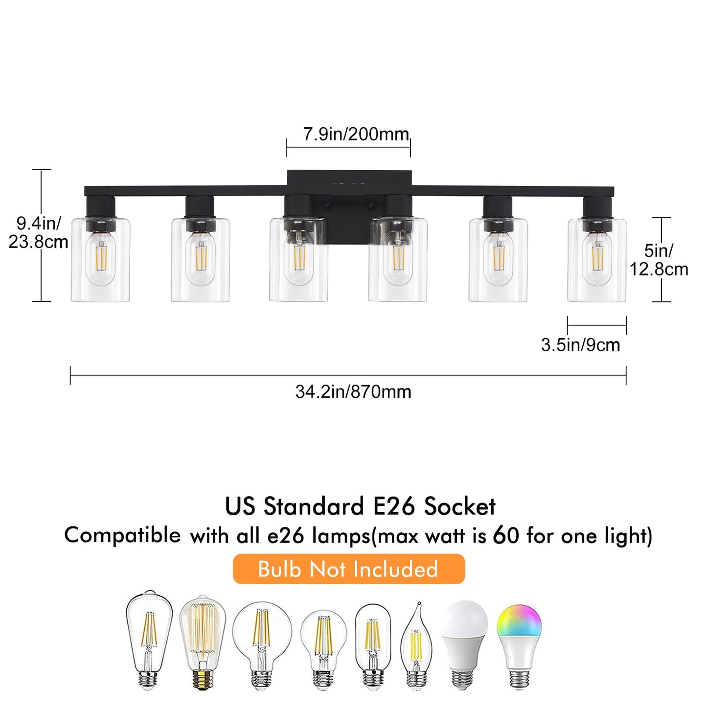 Black Bathroom Light Fixtures, 6-Light Bathroom Lighting Fixtures Over Mirror with Clear Glass Shade, Matte Black Vanity Lights, 6 Light Count Large Vanity Light Fixture for Bath, Mirror,Wall Sconce