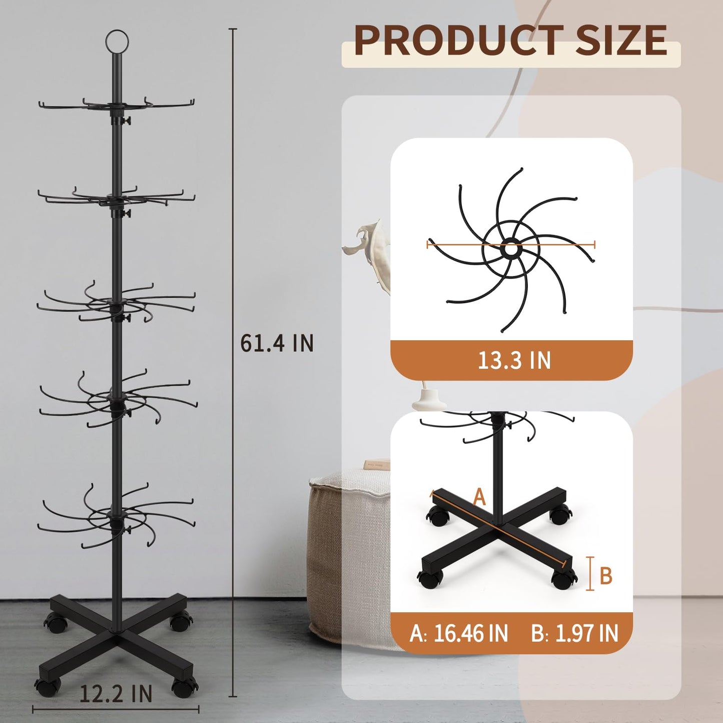 Flenpptly Retail Display Stand, 5-Tier Rotating Display Rack for Store Display, Movable and Adjustable Spinning Display Stand for Earrings, Jewelry, Keychains, Socks Display (Black)