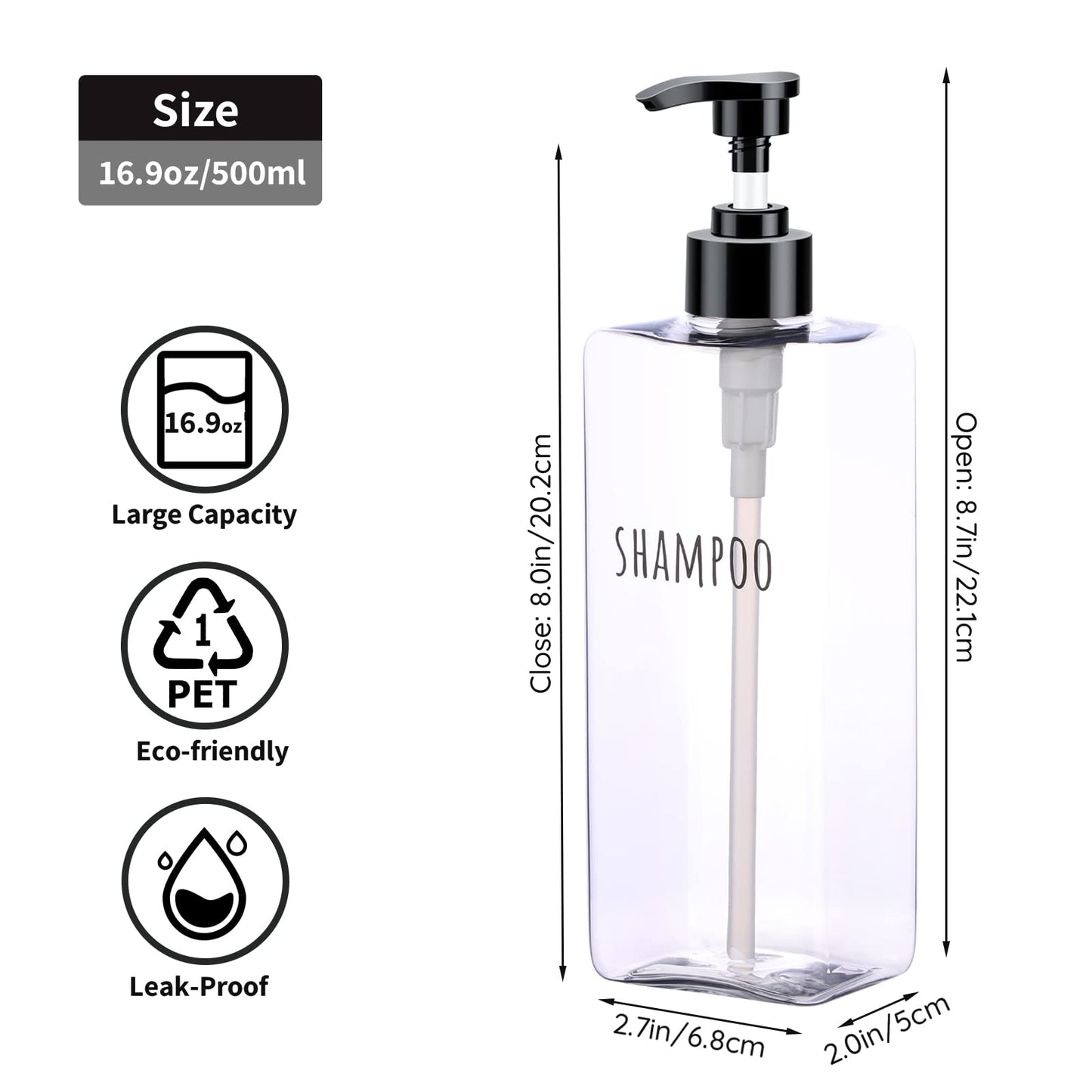 Segbeauty Clear Square Shampoo Bottles, 3pcs 16.9oz Refillable Plastic Lotion Dispenser with Pump, 500ml Empty Reusable Bathroom Shower Bottle Dispense Shampoo Conditioner Body Soap Liquid Gel