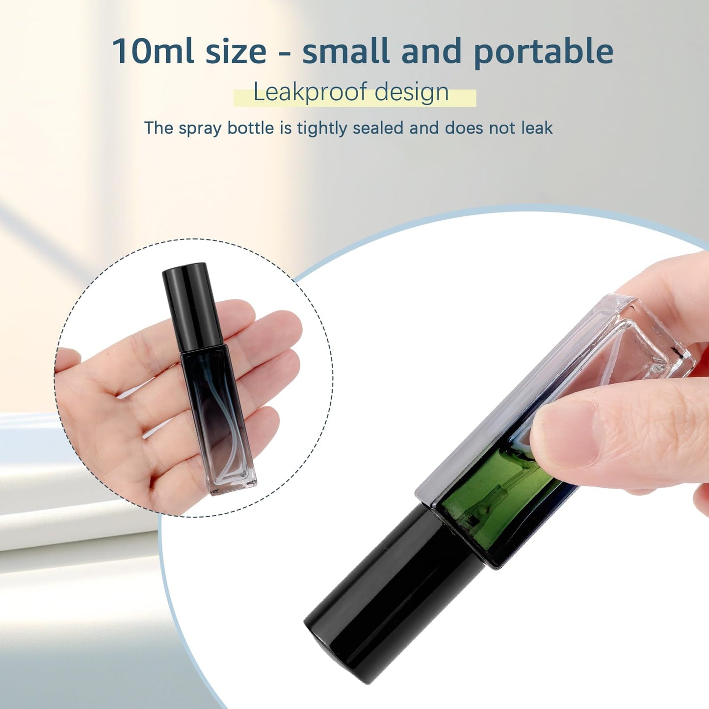 Kesell 11 Pack 10ml Spray Bottles Glass Refillable Perfume Atomizer for Travel Square Empty Bottles Containers Portable Fine Mist Perfume Vials Set with 5pcs Funnel and 5pcs Dropper (Black Cap)